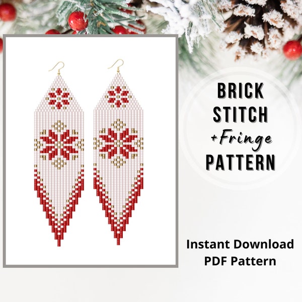 Christmas seed bead earring patterns Brick stitch snowflake earrings seed bead fringe earrings pattern Miyuki delica PDF