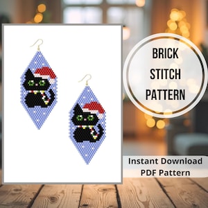 May include: Two diamond-shaped earrings with a light blue background and white polka dots. Each earring features a black cat wearing a Santa hat and a candy cane scarf. The text "BRICK STITCH PATTERN" and "Instant Download PDF Pattern" are also visible.