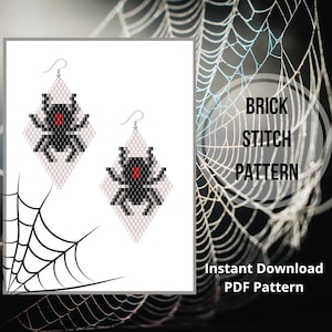Op de afbeelding: Zwart-witte baksteen steekpatroon voor een paar spinnenoorbellen. Het patroon bevat een rode kraal voor het oog van de spin. De afbeelding bevat de tekst "BRICK STITCH PATTERN" en "Instant Download PDF Pattern".
