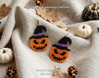 Jack O Lantern beaded earrings pattern Brick Stitch Halloween pumpkin pattern autumn earrings Witch Hat Jack o'lantern