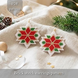 May include: A pair of star-shaped brick stitch earrings featuring a geometric poinsettia design in red, green, white, and gold beads with gold-tone ear wires. The image includes the text PDF pattern and Brick stitch earrings pattern.