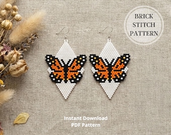 Brick stitch Monarch butterfly beaded earrings pattern Miyuki delica PDF