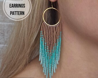 Boho turquoise hoop beaded earrings with fringe pattern for Miyuki Round Rocailles 11/0  Western seed bead earrings pattern bead weaving