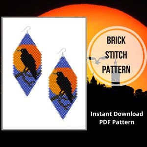 Beaded Halloween earrings pattern goth brick stitch crow earring Miyuki delica pattern full moon bead jewelry