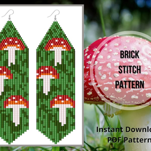 Brick stitch mushroom earrings pattern seed bead fly agaric fringe earring Miyuki delica PDF earrings pattern