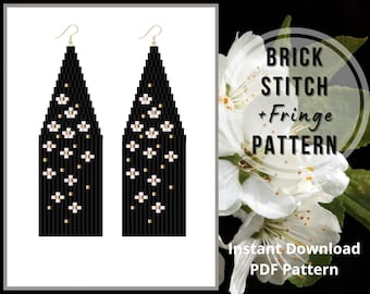 Seed bead flower earrings pattern Brick stitch boho fringe earring pattern Beaded white flower blossom wildflowers bead weaving