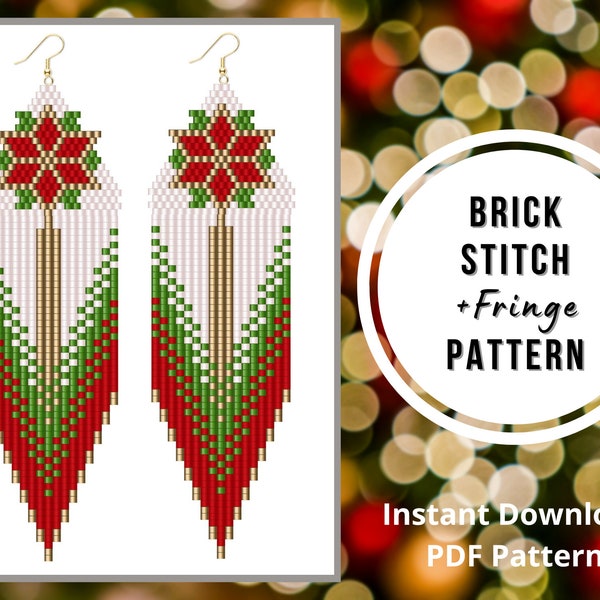 Christmas earring patterns Brick stitch poinsettia earrings seed bead fringe earrings pattern Miyuki delica PDF