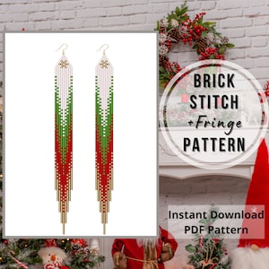 May include: A digital download pattern for beaded earrings. The earrings are long and feature a red, white, and green color scheme with gold accents. The pattern is called "Brick Stitch + Fringe Pattern".