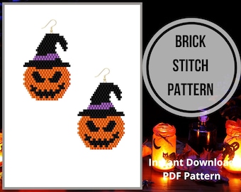 Jack O Lantern beaded earrings pattern Brick Stitch Halloween pumpkin pattern autumn earrings Witch Hat Jack o'lantern