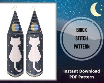 Moon phase seed bead earrings pattern cat mom brick stitch fringe native earring PDF pattern