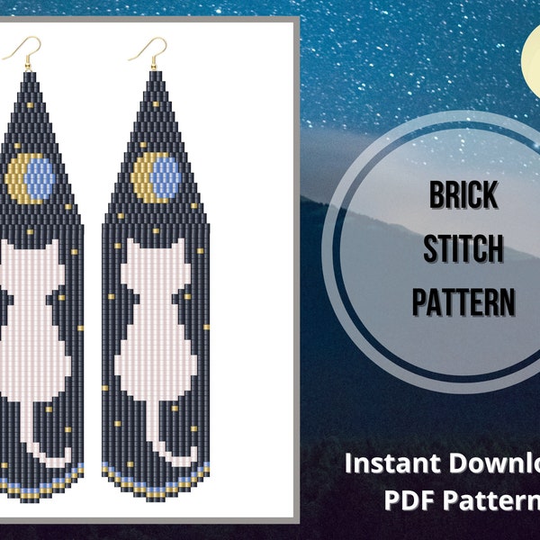 Moon phase seed bead earrings pattern cat mom brick stitch fringe native earring PDF pattern