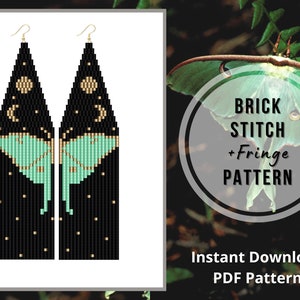 Luna moth earrings pattern beaded fringe Moon butterfly brick stitch earring pdf moon phase seed bead earring pattern Miyuki delica