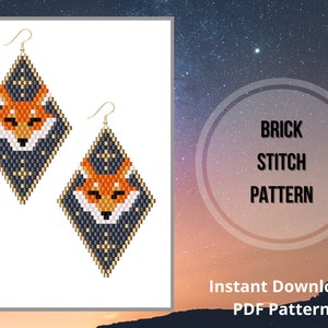 Fox brick stitch earrings pattern celestial seed bead earring pattern Miyuki delica PDF beaded earrings pattern