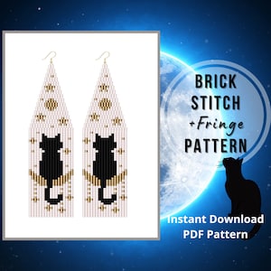 Black cat seed bead earrings pattern moon cat halloween brick stitch fringe earring PDF pattern