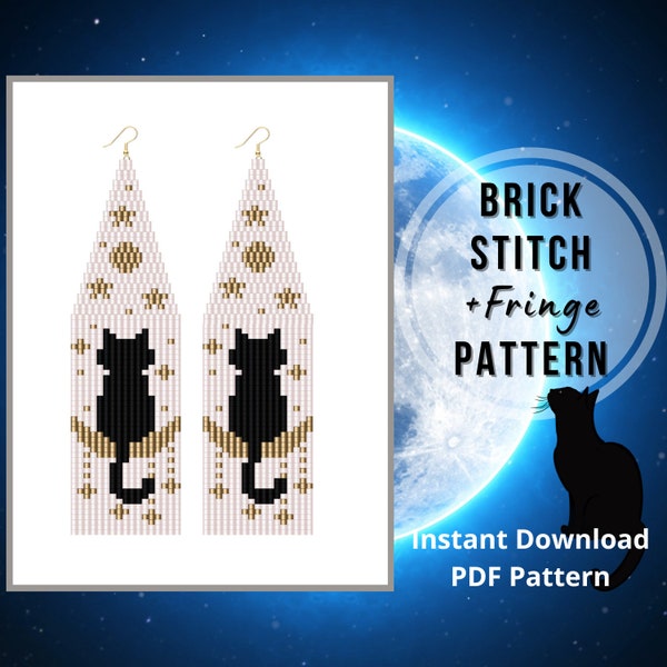 Black cat seed bead earrings pattern moon cat halloween brick stitch fringe earring PDF pattern