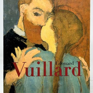 May include: A book cover featuring a painting of two figures embracing, with the name "Vuillard" in large red letters. The cover also includes the text "Édouard" and "Beaux Arts magazine". The artwork has a warm color palette.
