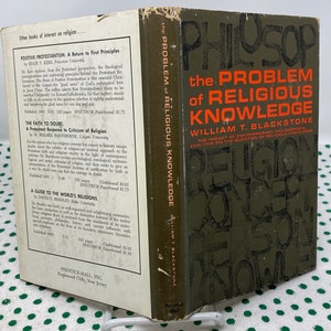 May include: A green book titled "The Problem of Religious Knowledge" by William T. Blackstone. The book cover features a large, stylised word "RELIGION" in white letters.