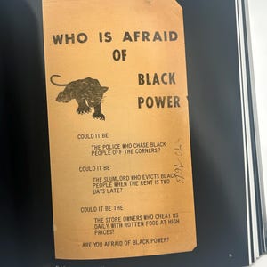 May include: A vintage pamphlet with the title "WHO IS AFRAID OF BLACK POWER" and a panther illustration. The text poses questions about societal issues. The pamphlet is from the Black Panther Party, 1966.