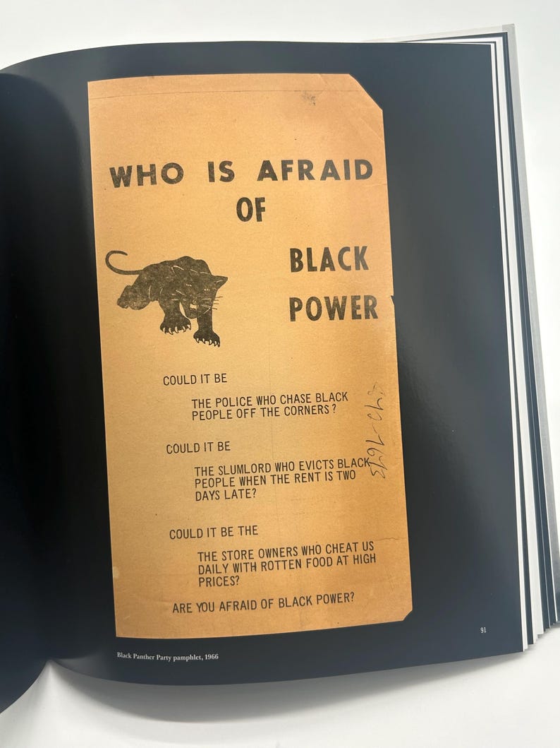 May include: A vintage pamphlet with the title "WHO IS AFRAID OF BLACK POWER" and a panther illustration. The text poses questions about societal issues. The pamphlet is from the Black Panther Party, 1966.
