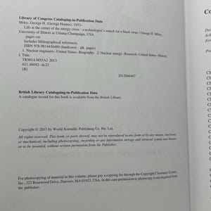 May include: A book page with text from "Life at the center of the energy crisis" by George H. Miley. The page includes Library of Congress Cataloging-in-Publication Data, ISBN, and copyright information. The text is printed in black on a white background.