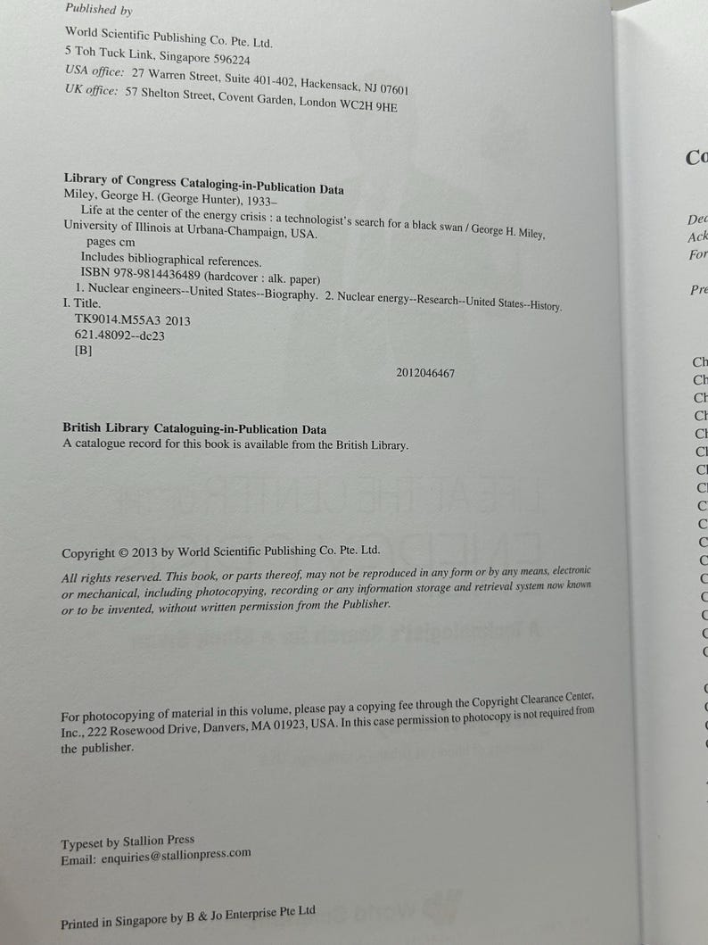 May include: A book page with text from "Life at the center of the energy crisis" by George H. Miley. The page includes Library of Congress Cataloging-in-Publication Data, ISBN, and copyright information. The text is printed in black on a white background.