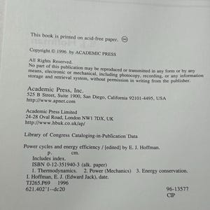 May include: Open book page with text about power cycles and energy efficiency, published by Academic Press in 1996. Includes Library of Congress Cataloging-in-Publication Data and ISBN information. Printed in the United States of America.