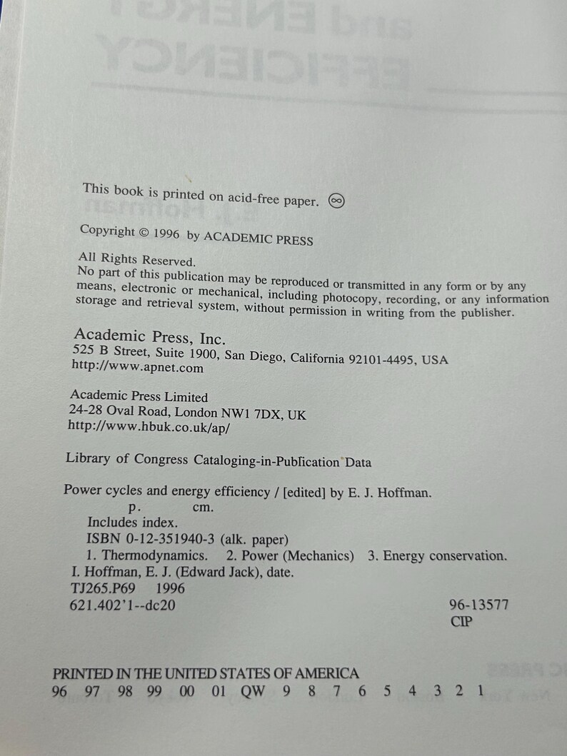 May include: Open book page with text about power cycles and energy efficiency, published by Academic Press in 1996. Includes Library of Congress Cataloging-in-Publication Data and ISBN information. Printed in the United States of America.
