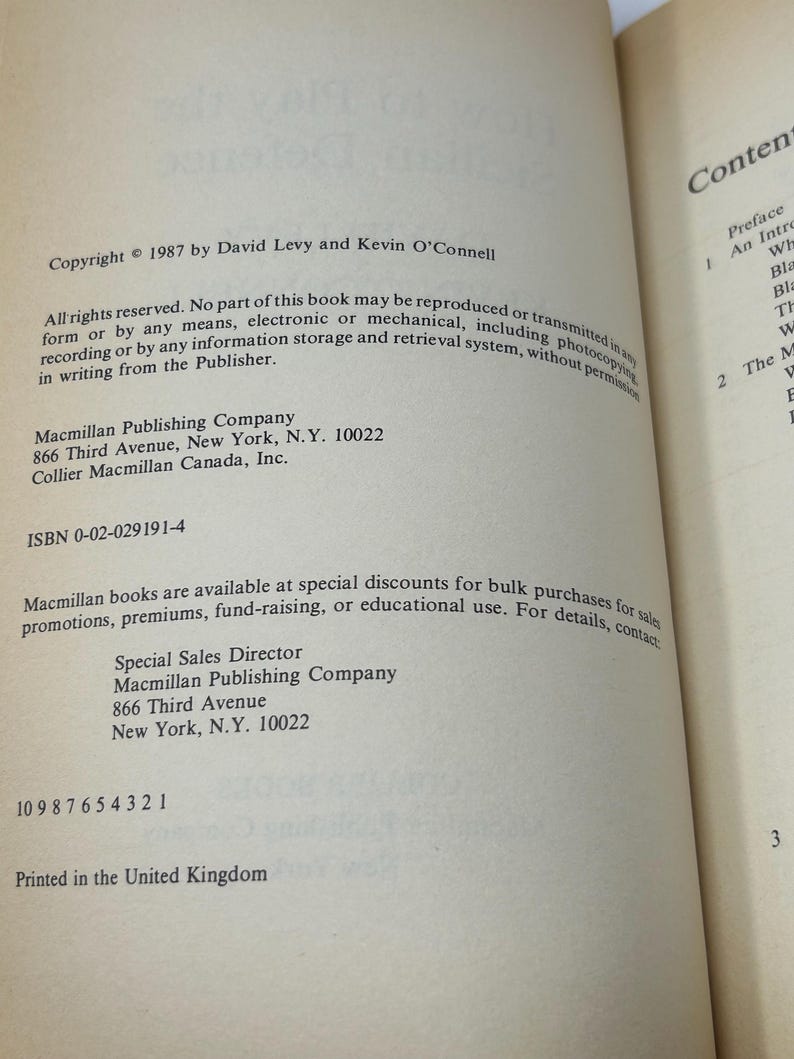 K&ouml;nnte beinhalten: Offene Buchseiten mit Text. Copyright 1987 von David Levy und Kevin O'Connell. Enth&auml;lt die Adresse der Macmillan Publishing Company in New York, NY. ISBN 0-02-029191-4. Gedruckt in Gro&szlig;britannien. Der Inhalt des Buches ist aufgef&uuml;hrt.