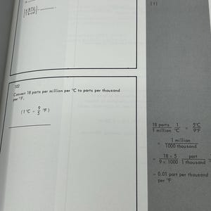 May include: Open textbook page with mathematical equations and conversions. Includes formulas for converting kilocalories to BTU and parts per million to parts per thousand. The page number is 63.
