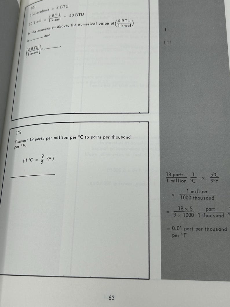 May include: Open textbook page with mathematical equations and conversions. Includes formulas for converting kilocalories to BTU and parts per million to parts per thousand. The page number is 63.