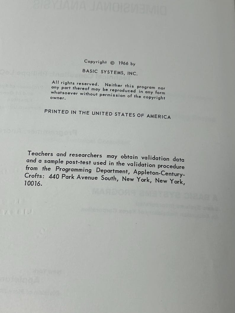 May include: A printed page with text from a book. The text includes copyright information from 1966 by Basic Systems, Inc., and details about reproduction rights. The page is printed in the United States of America.