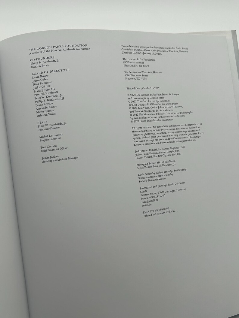 May include: Open book page with text from The Gordon Parks Foundation. The text includes the names of the co-founders, board of directors, and staff. The page also contains copyright information and details about the book's production.