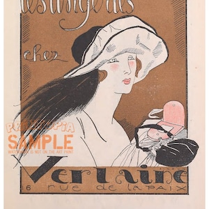 May include: A vintage advertisement for a lingerie shop called "Verlaine" located at 16 rue de la Paix. The ad features a woman wearing a white hat and a black and white dress. The text "Les modes les lingeries cher Verlaine 16 rue de la Paix" is visible in the image.