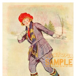 May include: A woman in a red hat, purple coat, and blue and yellow scarf ice skates on a frozen lake. The background is a snowy landscape with trees.