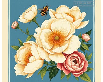 Must Love Bees 2024 G Arden Fox * Art Print * 10 x 10 in.  Mixed media, woodblock style with collage. Lush Fresh Peony Flowers * Nature