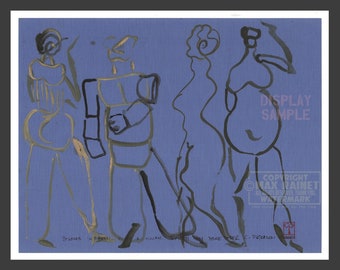 May include: A black and white abstract painting of four figures on a blue background. The figures are stylized and have a whimsical feel. The painting is signed "Brownies in Pastel" by the artist.