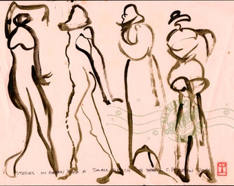 May include: A black and white ink drawing on pink paper of four figures. The figures are stylized and abstract. The drawing is titled "Studies in earthen with a small brush on paper, C. Peterson 2002".