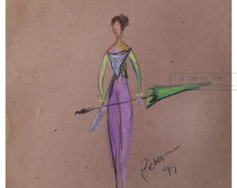 French Circus Nymph Dancer with Parasol Umbrella (1999) Cathy Peterson, from Oil Pastel Drawing * Hand-Signed PRINT * Frame Worthy Art !