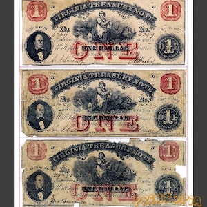 Richmond Virginia Treasury Note (1862) 3x 1 Dollar * FRAME ME !!  Early Banknotes American History * ARTFUL Letters Money Cash * typography