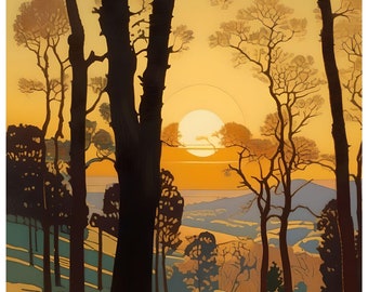 Morning Sun inspired by Gustave Baumann paintings * Quality Print * FRAME ME ! Sunrise nestled between trees over majestic valley SCENIC