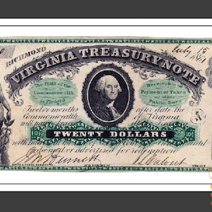 Richmond Virginia Treasury Note (1861) 20 Dollar Schein zum Bezahlen *RAHMEN MIR !!  Frühe Banknoten Amerikanische Geschichte* Washington Geld Bargeld