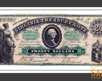 Richmond Virginia Treasury Note (1861)  20 Dollar Note To Pay * FRAME ME !!  Early Banknotes American History * Washington Money Cash