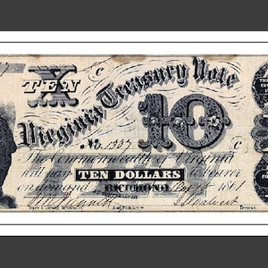 Richmond Virginia Treasury Note (1861) 10 Dollar * FRAME ME !!  Early Banknotes American History * Commonwealth Money Cash * typography
