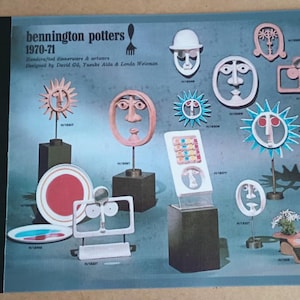 May include: A brochure for Bennington Potters, featuring a variety of ceramic sculptures and artwork. The brochure includes a title, a list of designers, and images of the different pieces. The pieces are mostly abstract and feature faces, suns, and other geometric shapes.