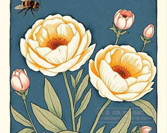 G Arden Fox 2024 Peonies and the Bee  * Art Print * 10 x 10 in.  Mixed media, woodblock style with collage. Lush Fresh Flowers * Nature