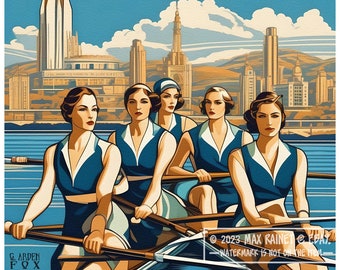 G. Arden Fox 2020 Women's Row Team * Fine Art Print * Art Deco City w Clouds Blue Sky * Stylized Beauties