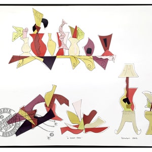 Pode incluir: Uma colagem abstrata colorida com uma natureza morta de vasos e uma lâmpada. A obra de arte é feita de recortes de papel e inclui o texto "a chosen place" e "Petrusan 2022".