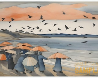 Sea People, Morning After the Rain © 2023 by Simon Jetszu, Art Print 10" x 15" from Watercolor painting. Seascape, Birds, Umbrellas, Sunrise