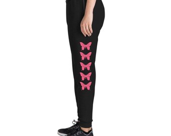 Pink Butterfly Black Unisex Joggers