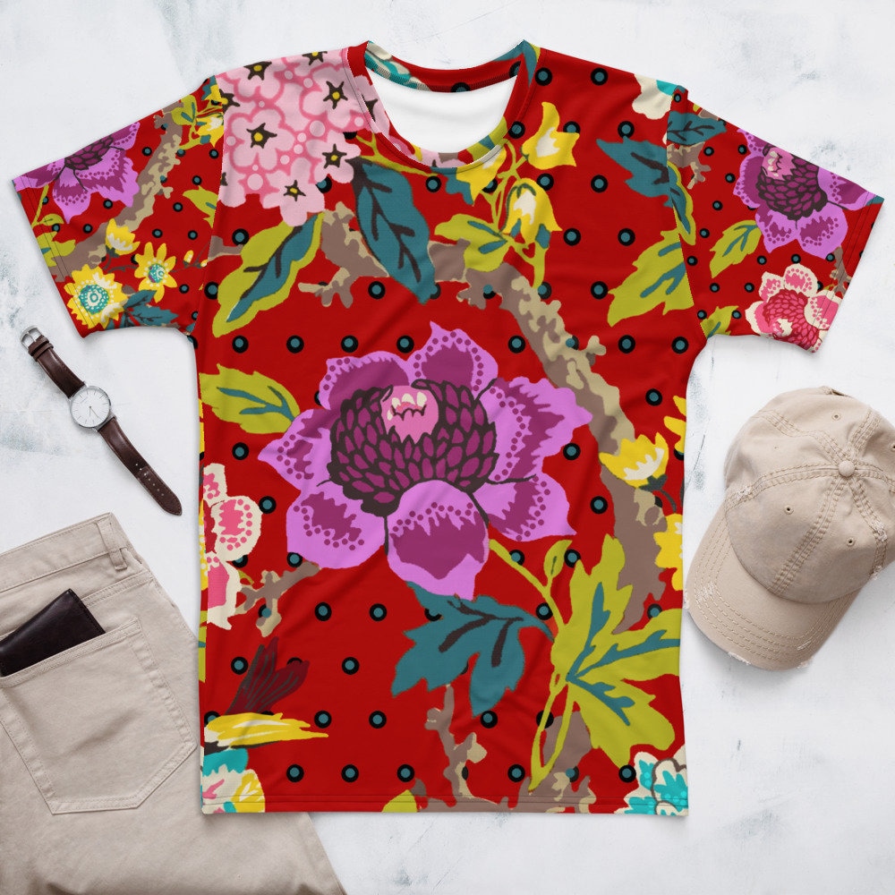 Red Floral Colorful Design With Polka Dots Men's T-shirt - Etsy Canada